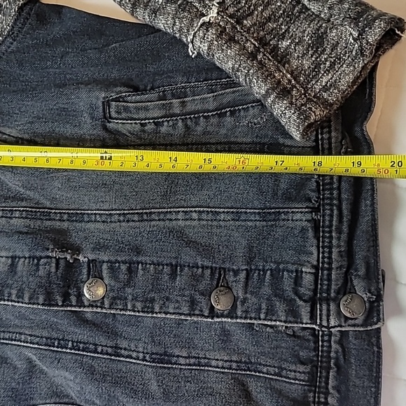 Free People Distressed Denim Jacket with Knit Sleeves and Detachable Hoodie - Picture 3 of 9